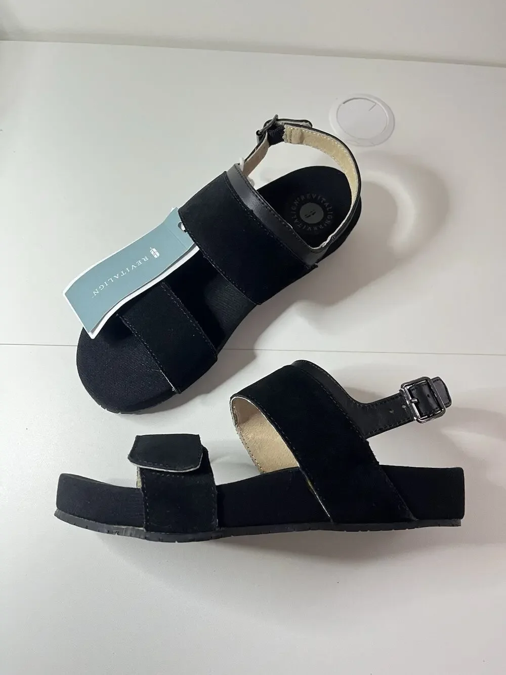 NOWB REVITALIGN Women's Adjustable Strappy Sandal Wedge Black Size 8B Chunky New